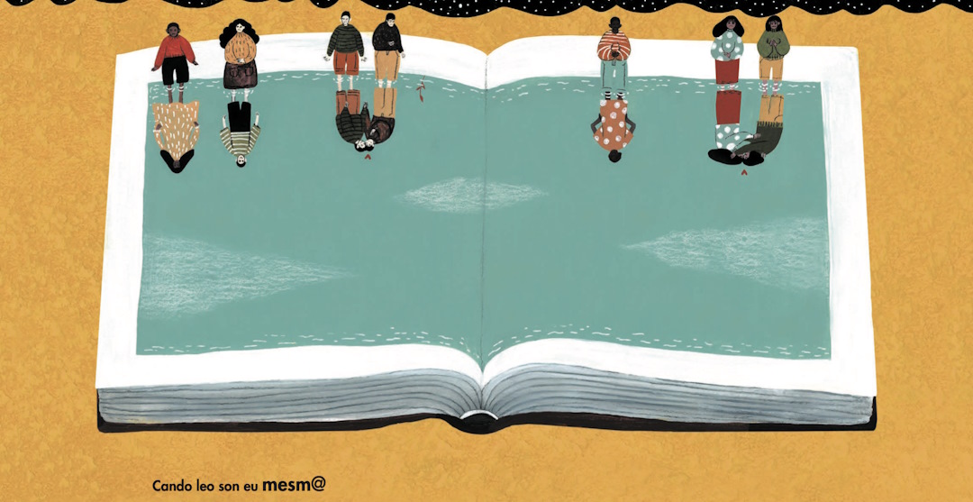 Ilustración dun libro aberto cunha auga turquesa onde se reflicten personaxes lectoras
